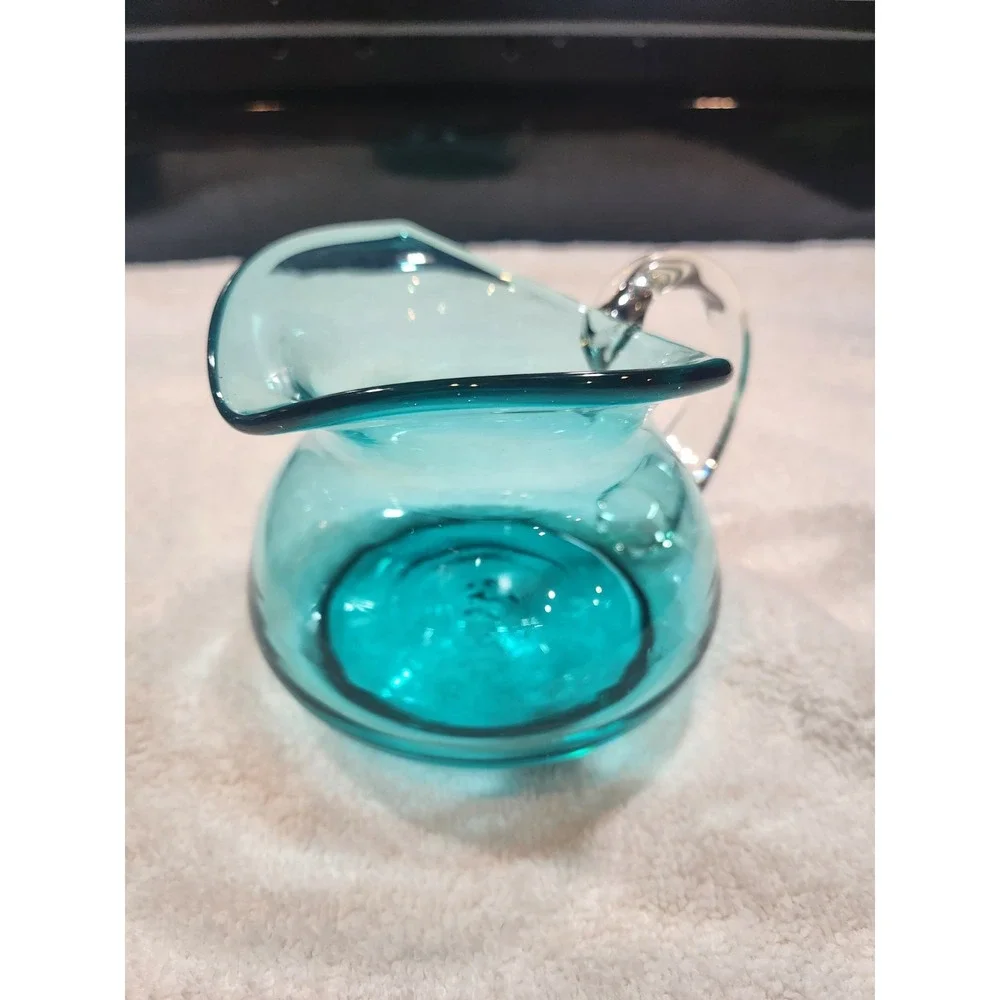 Vintage~MCM~Blue~Pitcher-Squatty~Flat Bottom~Clear Handle~ Squared Top~Beautiful